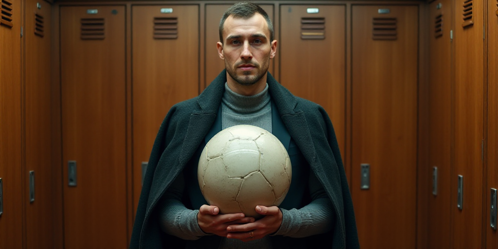 a man holding a trophy in a locker room with wooden lockers behind him and a coat on his shoulders,