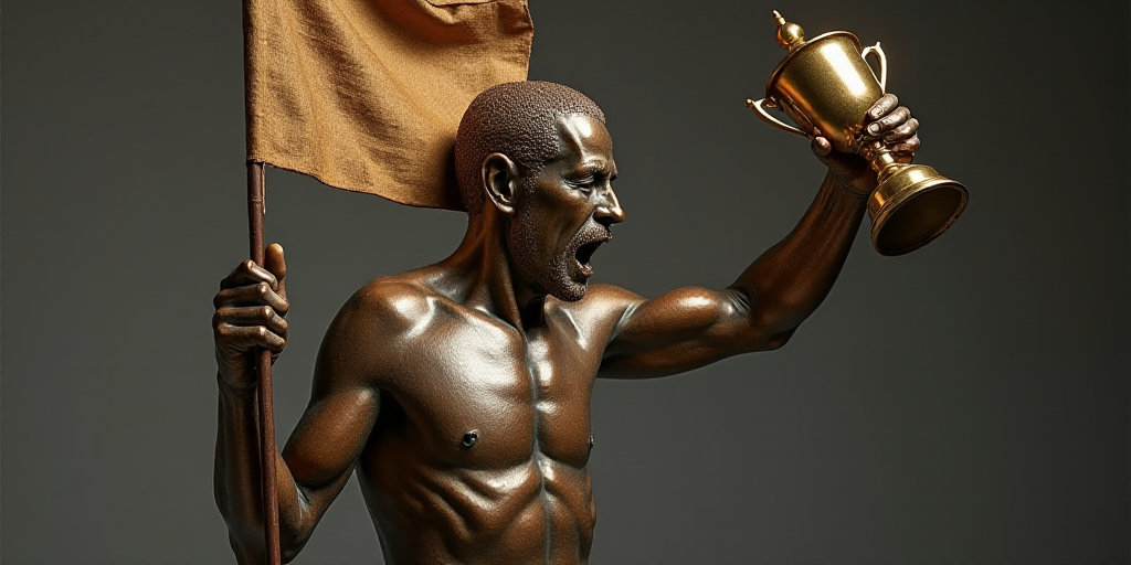 a man holding a trophy in his hand and a flag on the back of his head and a flag on the back of his