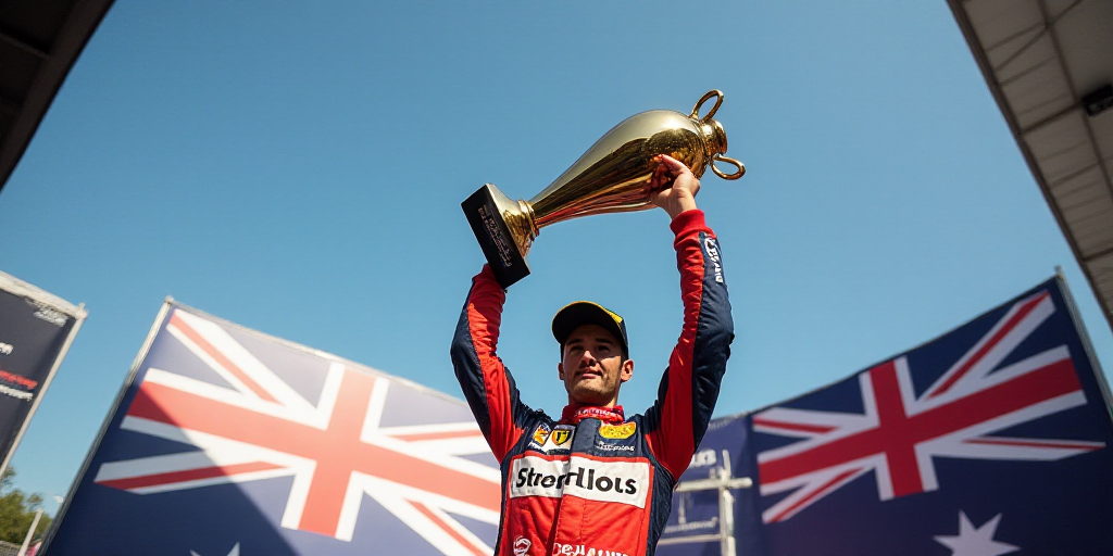 a man holding a trophy in the air on top of a podium with a sign behind him that says australia gran