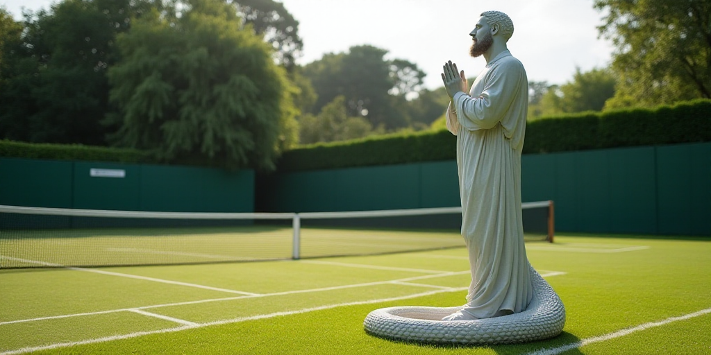 a man holding his hands together while standing on a tennis court with his hands together in prayer