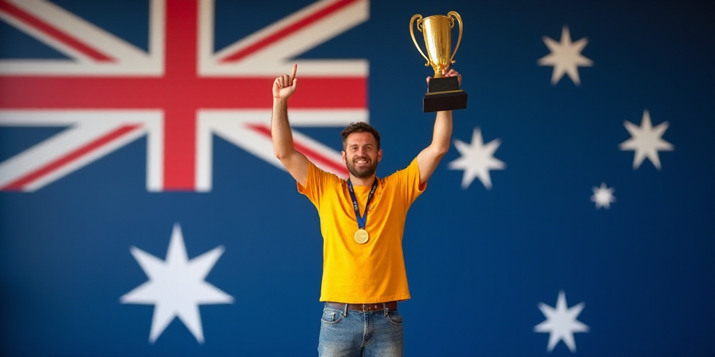 a man holding up a trophy in front of a flag wall with a australia sign behind him and a medal in th