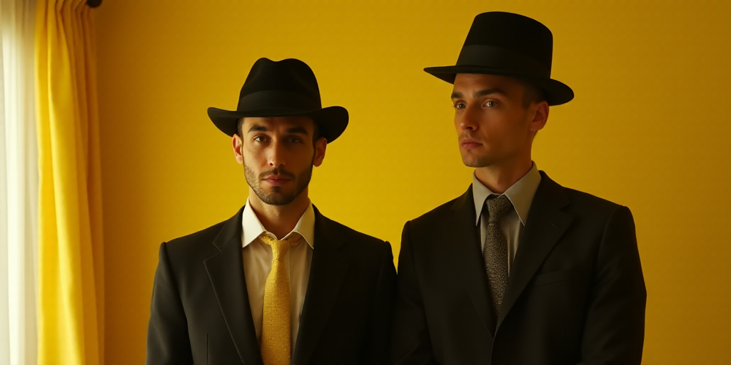 a man in a black hat and a man in a suit and tie in a yellow room with curtains, Enki Bilal, ue 5, a