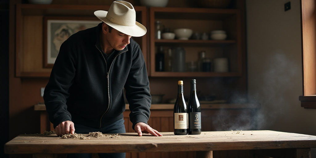 a man in a black jacket and a white hat is cleaning a table with a bottle of water and a bottle of w