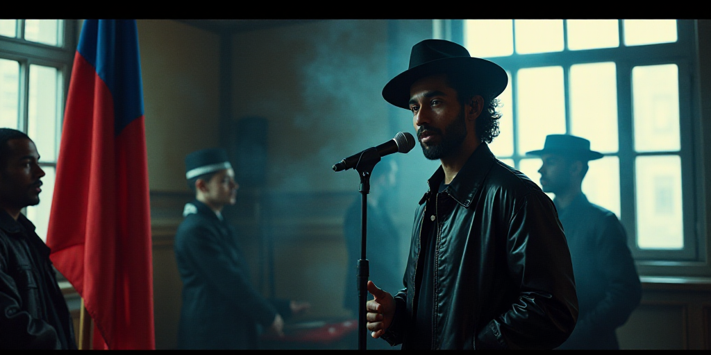 a man in a black jacket and hat standing in front of a flag and a window with a microphone, Enki Bil