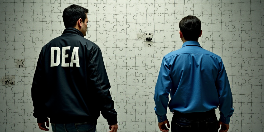 a man in a black jacket with the word dea on it is walking towards another man in a blue shirt, Elai