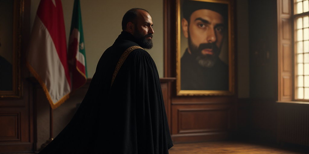 a man in a black robe and a flag in a room with a picture of a man in a black robe, Fathi Hassan, ev