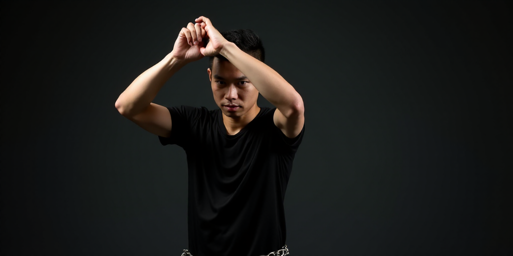 a man in a black shirt holding his hands together with a chain around his ankles and his hands in th
