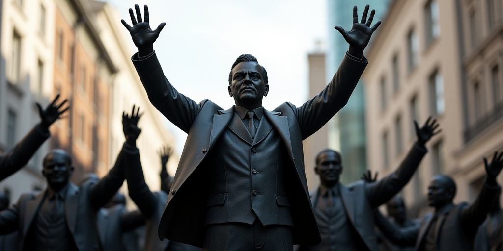 a man in a black suit and a crowd of people in the background is raising his hands up in the air, Ca