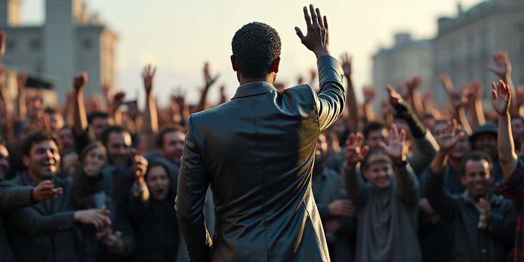 a man in a black suit and a crowd of people in the background is raising his hands up in the air, Ca