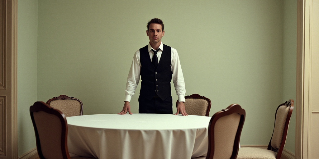 a man in a black vest and tie standing over a table with chairs and a white table with a white table