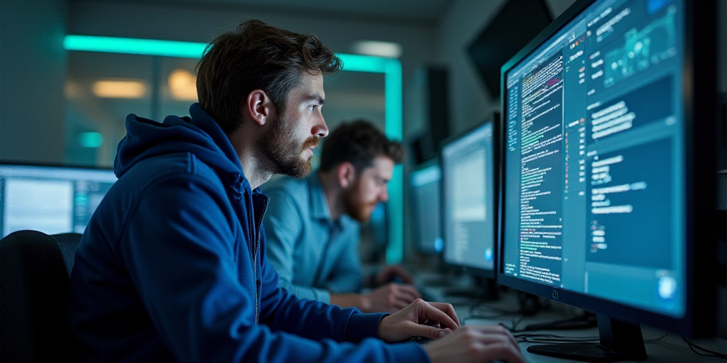 a man in a blue jacket is looking at a computer screen while two other men look on in the background