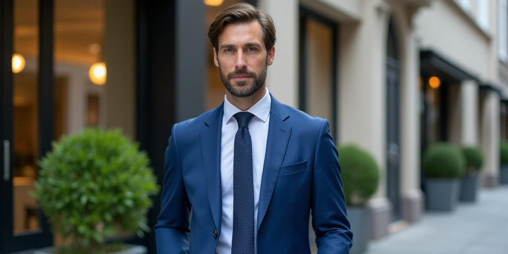 a man in a blue suit standing in front of a building on a city street with a green plant, Aaron Bohr