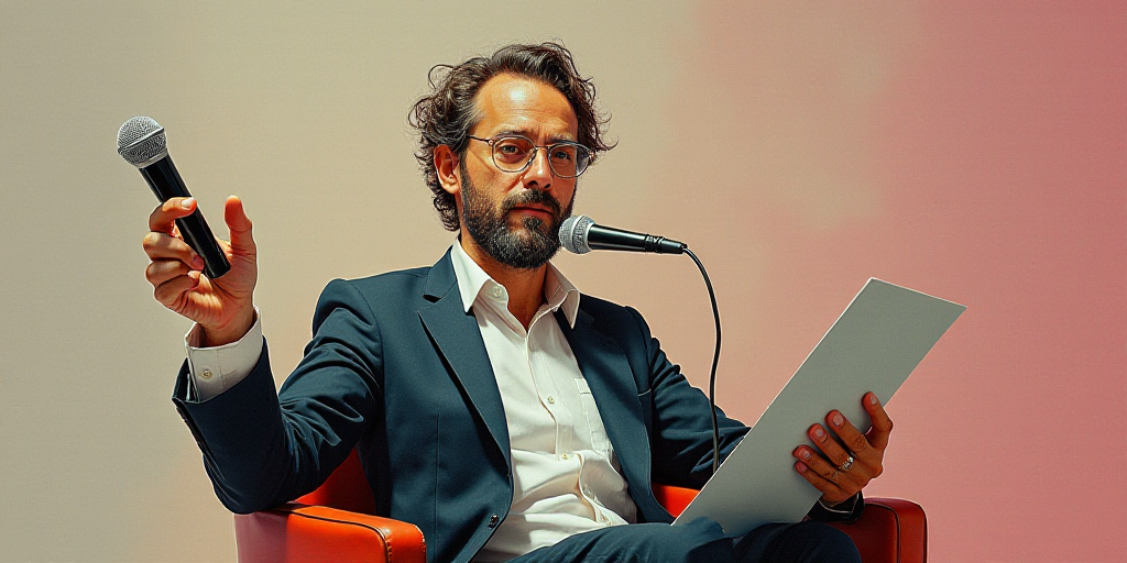 a man in a chair holding a paper and a microphone in his hand and a microphone in his other hand, Ca