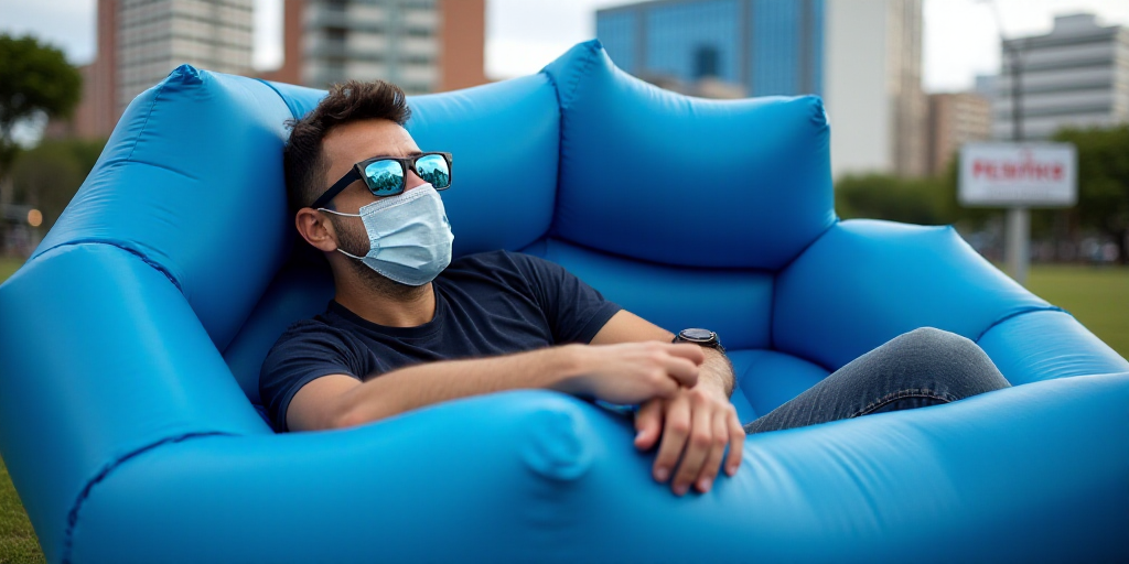 a man in a face mask is laying on a blue inflatable structure with a sign on it, Ceferí Olivé, bio