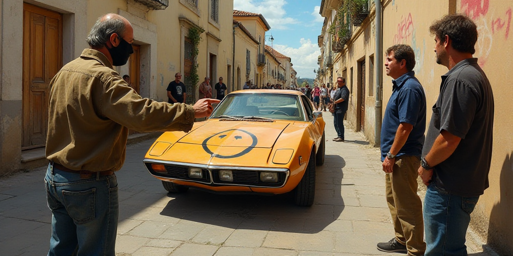 a man in a face mask is pointing at a car with a smiley face drawn on it while people watch, Ceferí