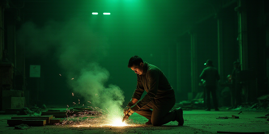 a man in a factory working on a piece of metal with a bright green light coming from the top, Cao Zh