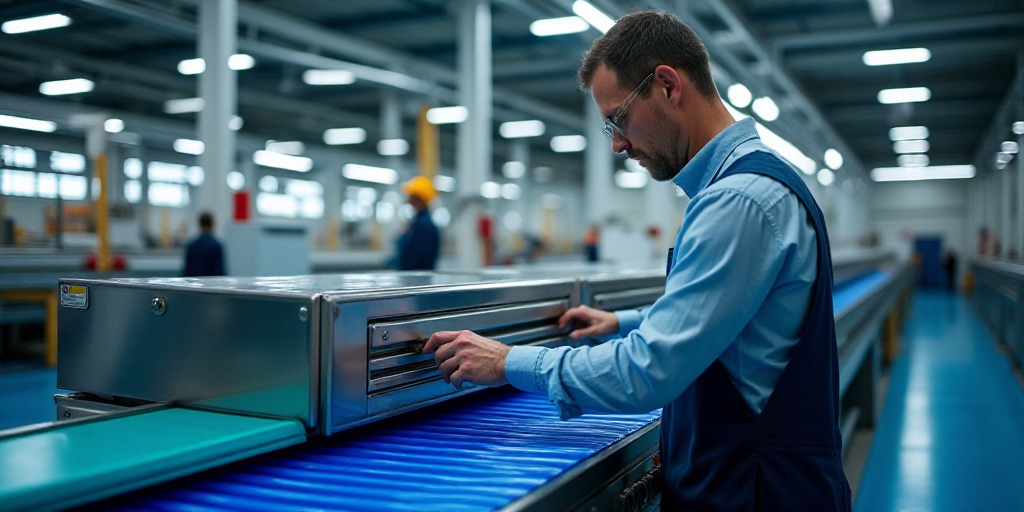 a man in a factory working on a machine with a blue floor and a blue conveyor belt behind him, Chris