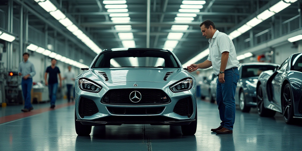 a man in a factory working on a car in the process of assembly and assembly line with workers lookin
