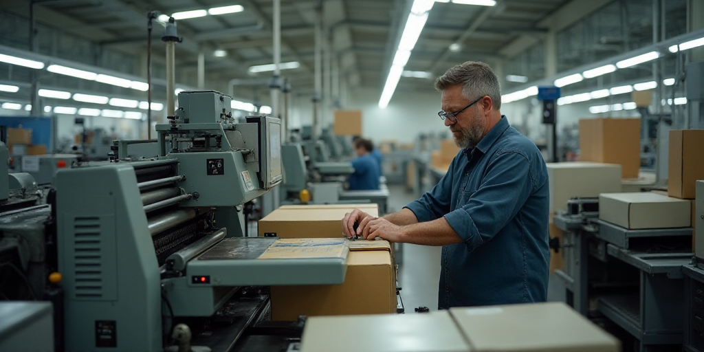 a man in a factory working on a machine with a box on it's back and a box on the other side, Doug Oh