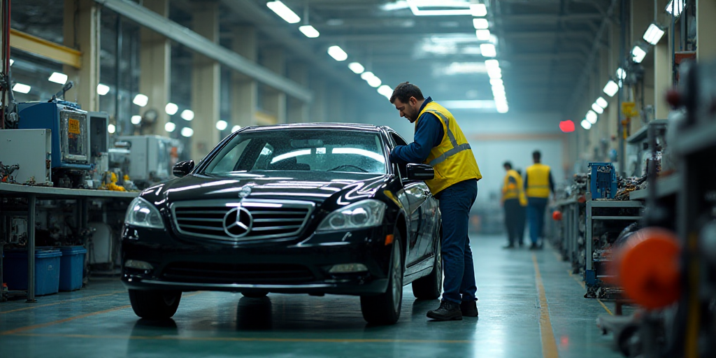 a man in a factory working on a car in a factory area with other workers nearby and a worker in a ye