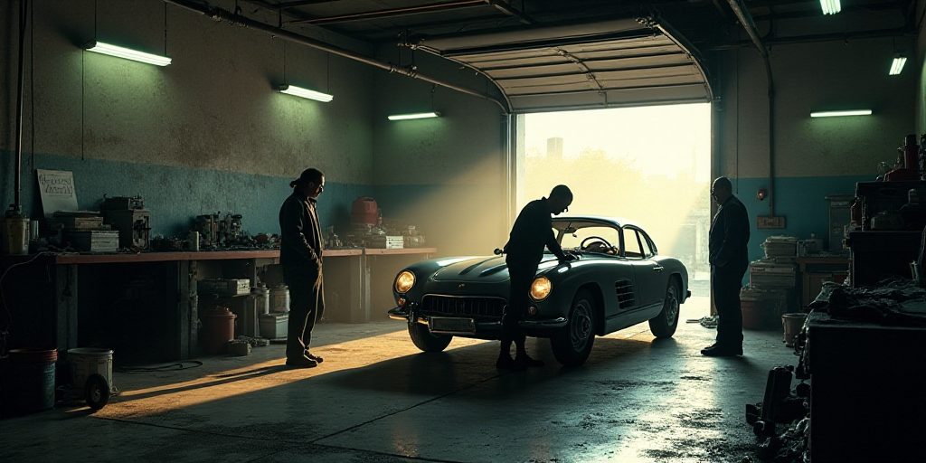 a man in a garage working on a car in a garage with a man standing next to it and another man standi