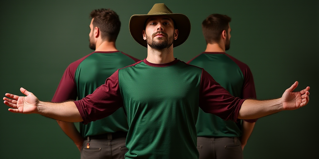 a man in a green and maroon shirt and hat with his hands out to his side, while a man in a green and