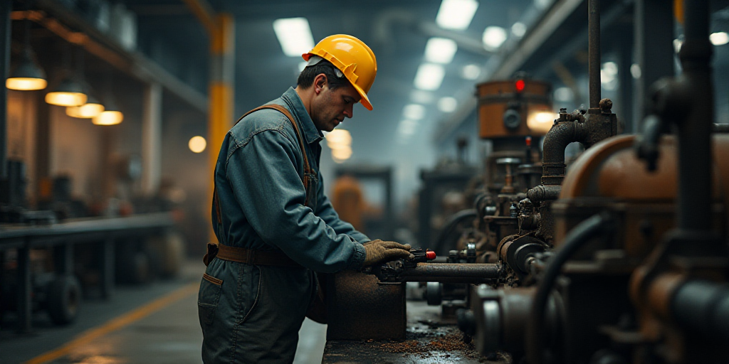 a man in a hard hat and overalls working on a machine in a factory area with other machinery, Andrie
