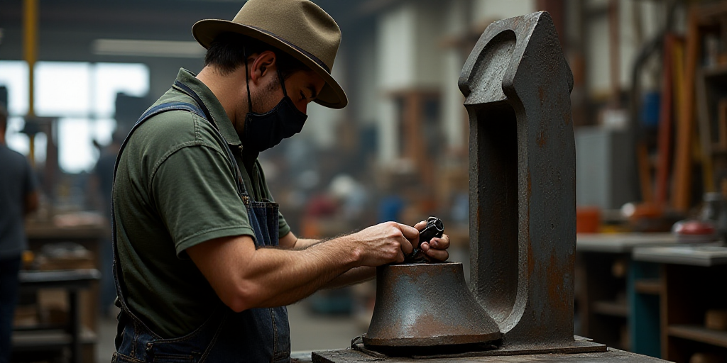 a man in a hat and a face mask working on a metal object in a factory or workshop area, Dave Arredon