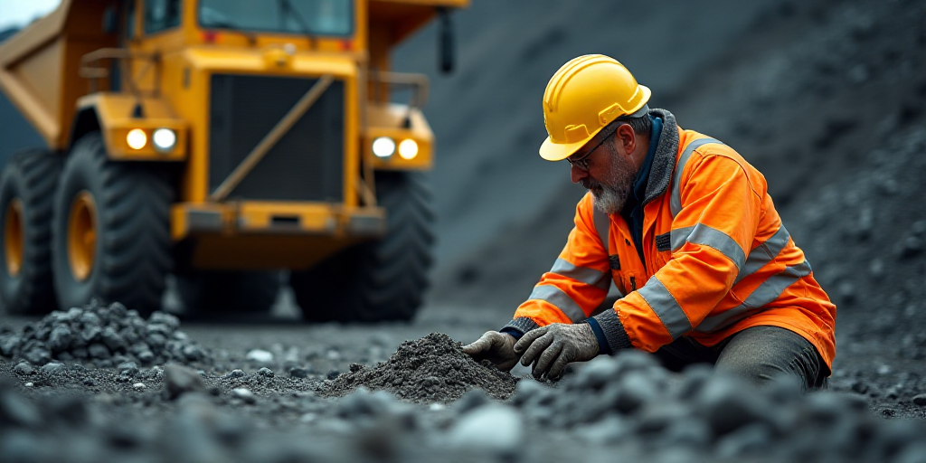a man in a helmet and safety gear working on a machine in a mine area with a large yellow machine, C