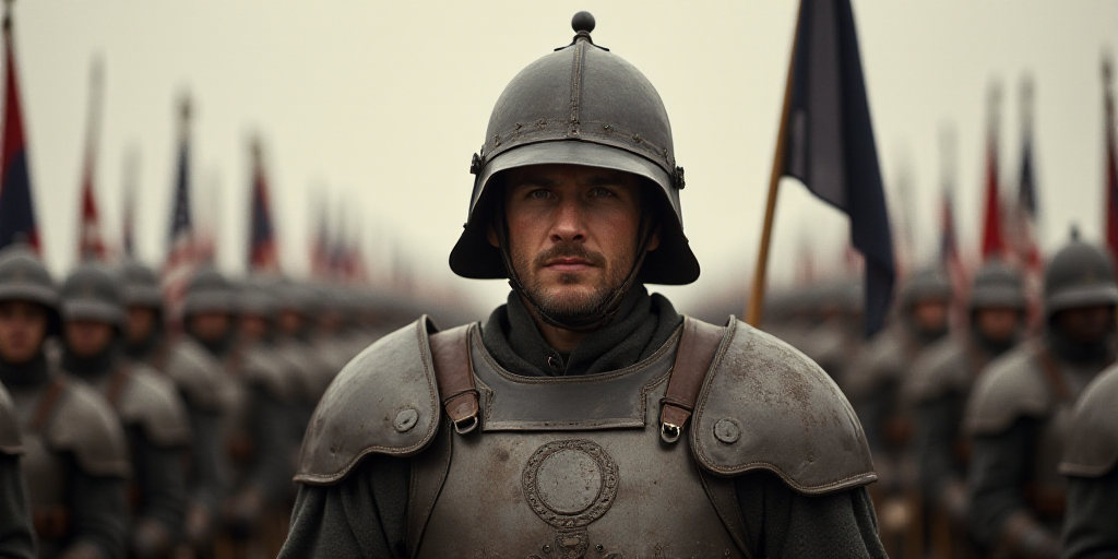 a man in a helmet is standing in front of a line of soldiers with a flag on his face, Elbridge Ayer