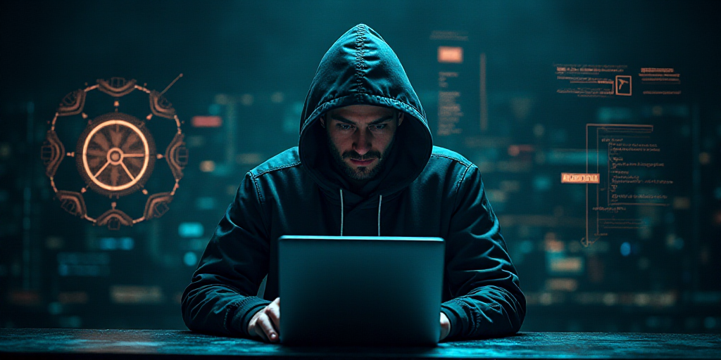 a man in a hooded jacket using a laptop computer surrounded by futuristic technology and symbols on