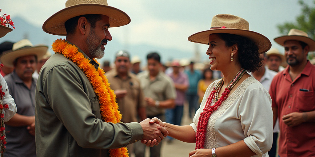 a man in a lei and a woman in a hat are shaking hands with each other at a ceremony, Federico Uribe,
