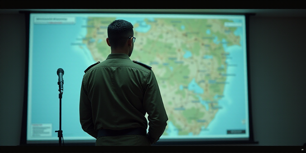 a man in a military uniform standing in front of a map and microphone in front of a screen with a ma