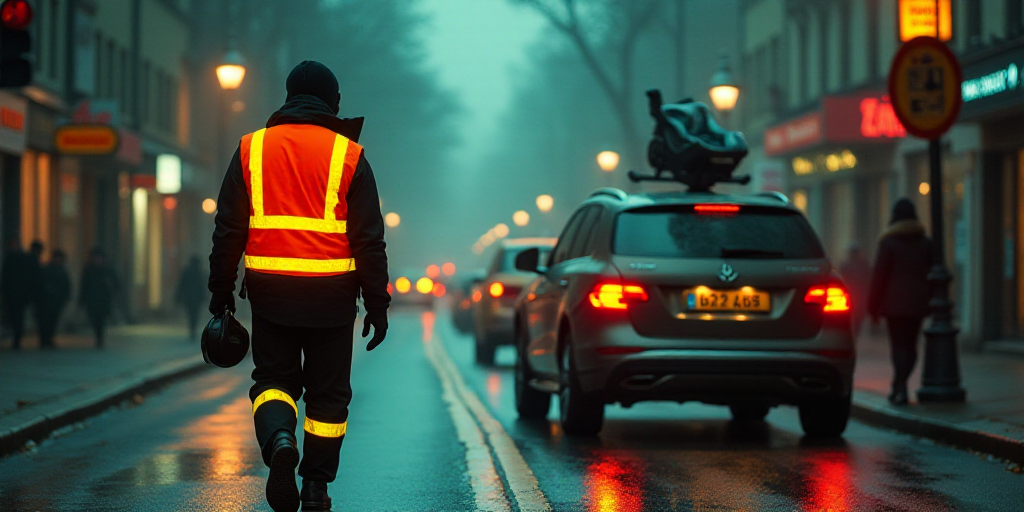 a man in a neon vest and reflective pants walking past a car with a baby carriage in the back, Évar
