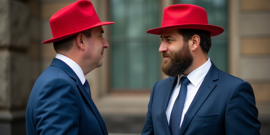 a man in a red hat talking to another man in a blue suit and tie and a red hat, Andries Stock, ue 5,
