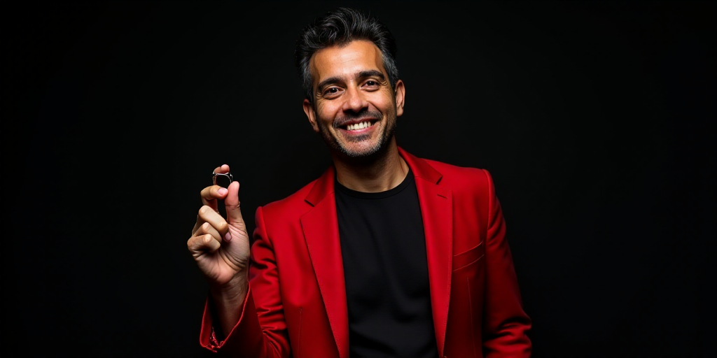 a man in a red jacket holding a ring in his hand and smiling at the camera with a black background,