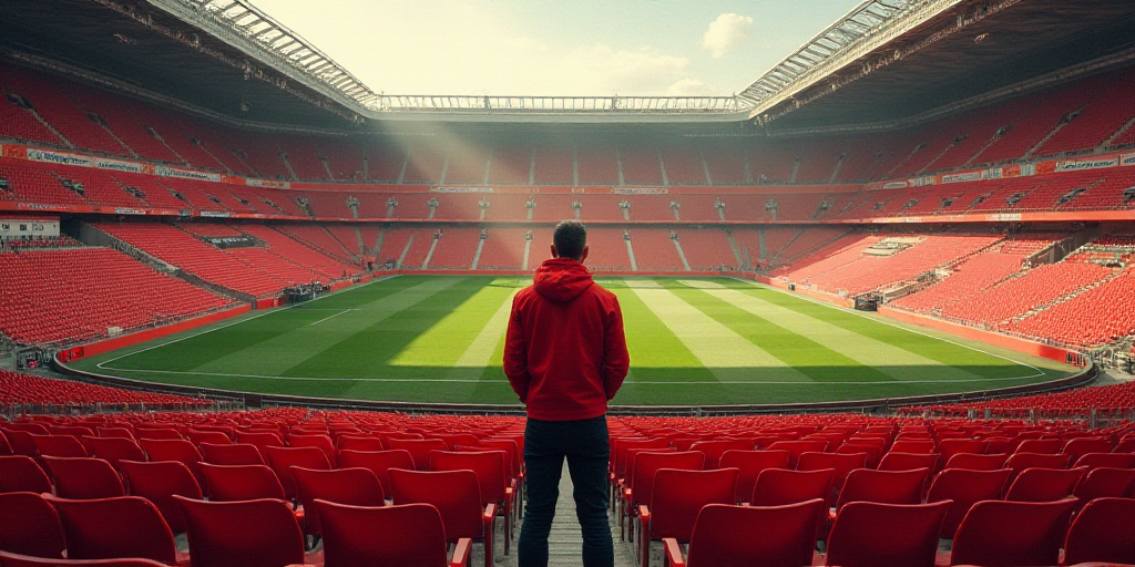 a man in a red jacket standing in front of a stadium filled with red seats and empty seats on the si