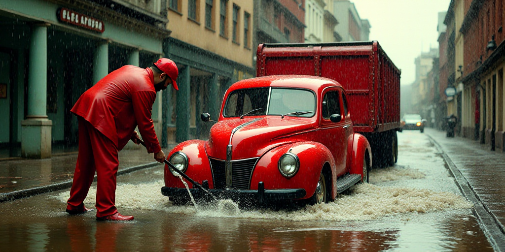 a man in a red suit is washing a red car in a flooded street with a red truck behind him, David Alfa