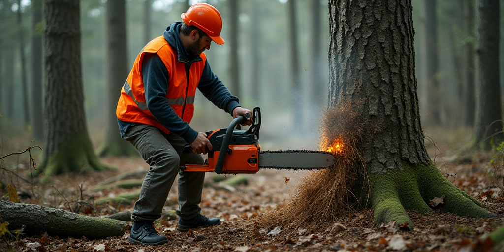 a man in a safety vest is cutting a tree with a chainsaw in the woods with a chainsaw, Avgust Černi