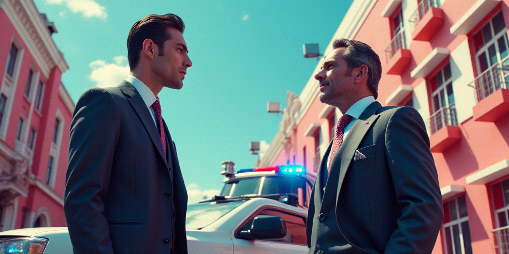 a man in a suit and a man in a suit stand next to a police vehicle and talk to each other, Aquirax U