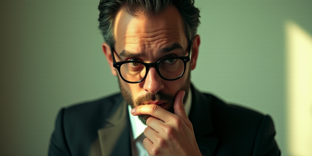 a man in a suit and glasses is looking at the camera with his hand on his chin and his chin resting