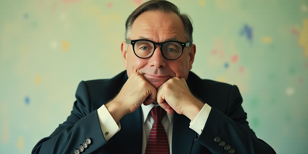 a man in a suit and glasses is posing for a picture with his hands on his chins and his chin resting