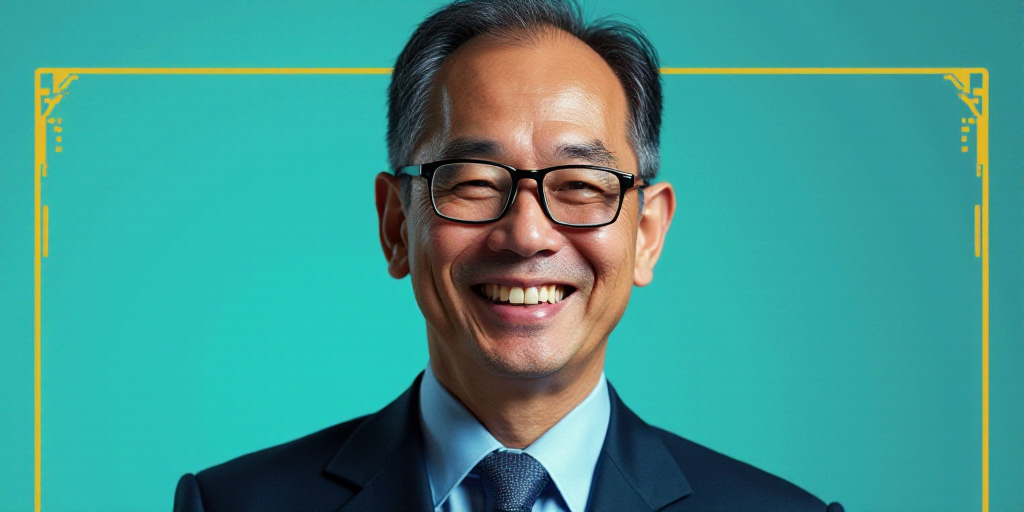 a man in a suit and glasses is smiling for the camera with a blue background and a yellow border, Ed