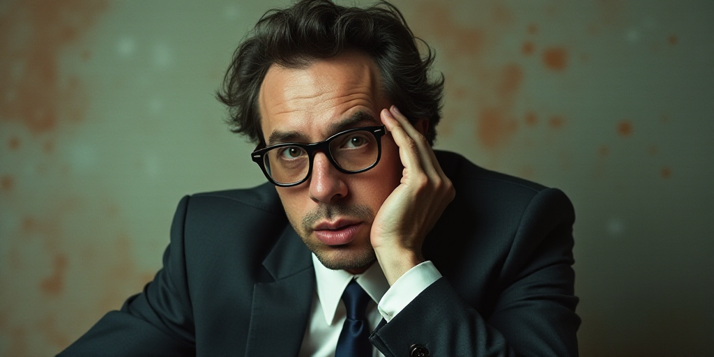 a man in a suit and glasses is looking at the camera with his hand on his chin and his chin resting