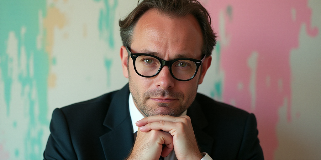 a man in a suit and glasses is posing for a picture with his hands on his chins and his chin resting
