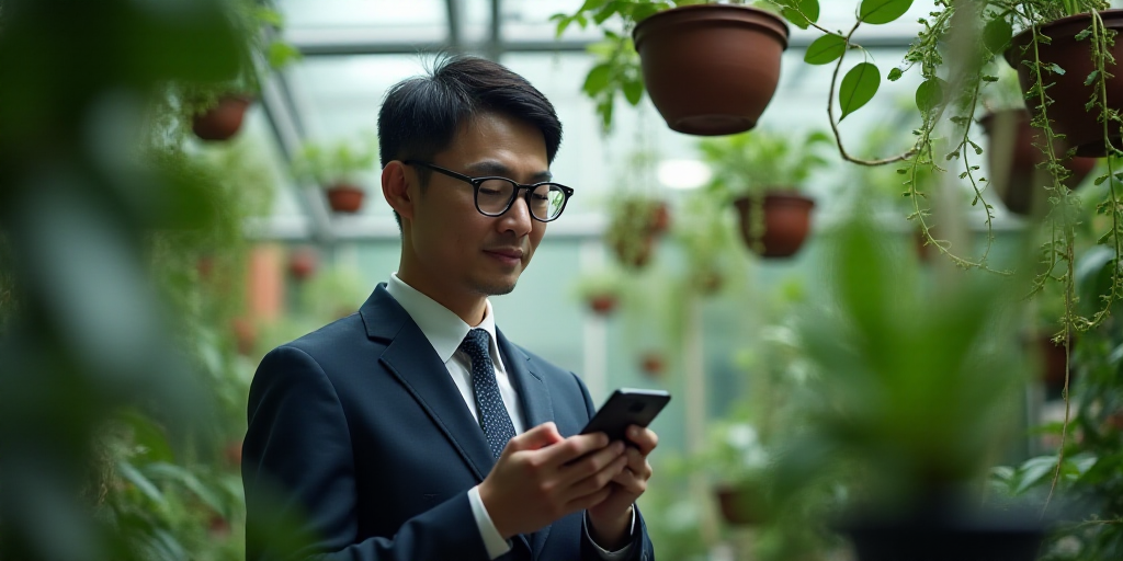 a man in a suit and glasses looking at a cell phone with plants hanging from the ceiling above him,