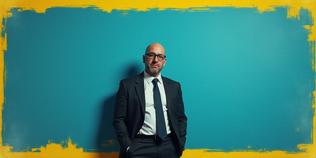 a man in a suit and glasses standing in front of a blue background with a yellow border and a black