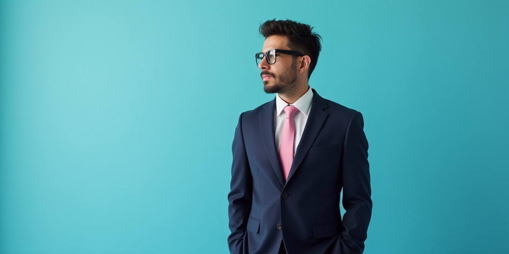 a man in a suit and glasses standing in front of a blue background with a black and white photo, Est