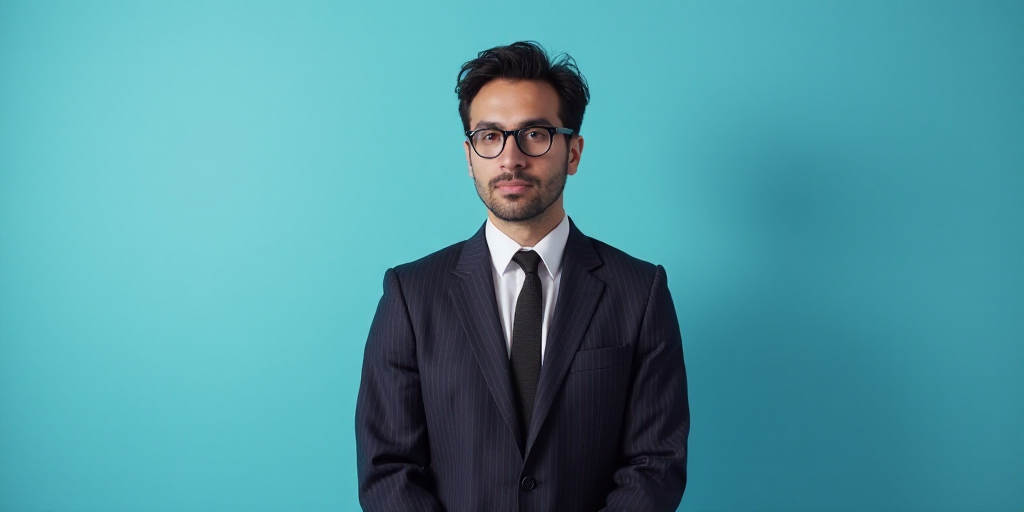 a man in a suit and glasses standing in front of a blue background with a black and white photo, Est