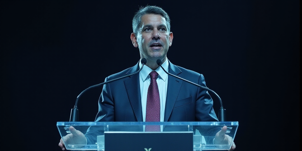 a man in a suit and tie giving a speech at a podium with a microphone in front of him, Federico Urib
